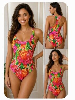 Nicole Miller Studio Floral One Piece Swimsuit 1X Tropical Pink Racerback Shelf